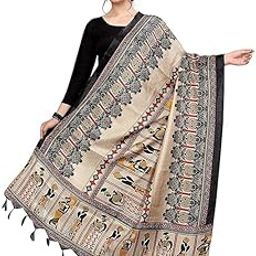 Traditional Indian Dupatta Shawl with African Tribal Print Border, Khadi Cotton, Black and Beige, Tassels-image-20