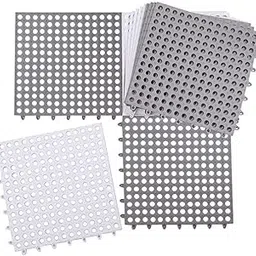 ORGOSCOPIO 12 Pack Interlocking Non-Slip Floor Tile with Drain Holes, PVC Waterproof Kitchen Cushion Bath Shower Mat 11.8'' x 11.8' (White, Grey)-image-48