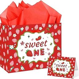 GOLDCROW Berry First Birthday Gift Bag Red Strawberry 1st Birthday Gift Wrap Bag with Tissue Paper and Birthday Card with Envelope Strawberry Themed First Sweet One Birthday Paper bags-image-43