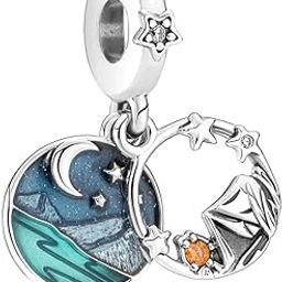 Camping Night Sky Double Dangle Charm 925 Sterling Silver Pendant Girls Jewelry Beads Gift Pandora Women Bracelet & Necklace A0109, Silver, Cubic Zirconia-picture-30