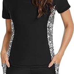 Women's Rash Guard 2 Piece Short Sleeve Swim Shirt with Shorts Swimsuit with Bra Bathing Suit Plus Size with Pocket-image-27