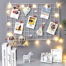 Steel Grid Photo Frame For Wall With 10 Wooden Clips Photo frame grid DIY Mesh Wire Frame Grid Of Metal Hanging Aesthetic Moments Photo Wall Décor for Home Living Room and office (White)-7