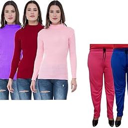 indiweaves Women Winter Wear Combo Pack- Full Sleeves High Neck/Skivvy and Fleece Warm Lower/Track Pants Pack of 5-picture-20