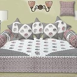 Blizz Mont | Badmeri Printed Diwan Set | Pure Cotton | Quilted | Set Contains- 8 Pieces (1 Single Bedsheet, 2 Boster Covers, 5 Cushion Covers | (DSN 1)-CO3-image-25