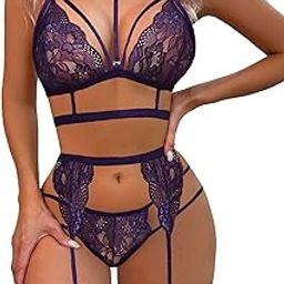 SoShHub Lace Garter Lingerie Set with Removable Choker Teddy Babydoll Strappy Bra and Panty Set with BLACK STOCKING for honeymoon, Special Night-image-53