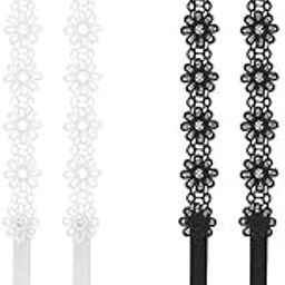 2 Pairs Adjustable Non Slip Lace Flower Bra Straps for Women Fancy Lingerie Straps for Women Replacement Beaded Bra Straps for Bra Elastic Bra Shoulder Straps - Black and White-image-3