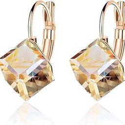 Cube Swarovski Crystal Leverback Drop Earrings for Women 14K Rose Gold Plated Hypoallergenic Jewelry-image-87