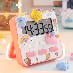Wolpin Digital Kitchen Timer & Stopwatch with 3D Stickers Countdown Large Digits, Loud Alarm, Magnetic Stand for Cooking | Baking | Kids Study Teacher Shower Oven Back Stand Hanging Hole, Pink & White-23