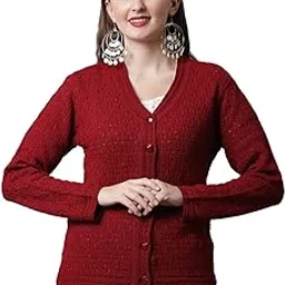 cantabil Women V-Neck Woolen Cardigan Sweater Full Sleeve Casual Stylish Winter Wear (P_LSWT00048_Maroon)-picture-44