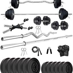 Bodyfit Home Gym System Exercise Set Combo, Strength Training, Weight Plates(20Kg-100Kg),5Ft Straight,3Ft Zig Zag Rod N 2x14'' Dumbbell Rods, Accessories (40Kg Gym Set)-50