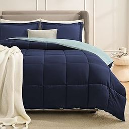 Homelike Moment Lightweight Comforter Set Oversized Queen Navy, Reversible All Season Down Alternative Bed Comforter Set Summer 3 Piece - 1 Comforter 2 Shams, Oversized Queen Navy / Light Blue-picture-11