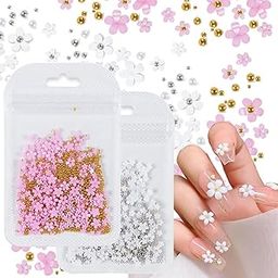 Gleevia 3D Colorful Flower Nail Charms with Gold & Silver Pearl Caviar Beads for Acrylic Nail Rhinestone Decorations, Acrylic Flowers Nail Art Stud Decorations for Women Girls (2 Bags)-image-18