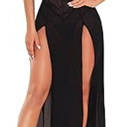 Women Lingerie Lace Babydoll High Split Maxi Long Gown V Neck Mesh Sleepwear Sexy Babydoll Lingerie Honeymoon/Anniversary Bridal Nightdress (Free Size, Black)-image-74