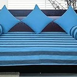 SBN Cotton Diwan Set - Single Bed Bedsheet 60 x 90 inch, 2 Bolster Covers 16 x 32 inches and 3 Cushion Covers 14 x 14 inch - Blue-image-99