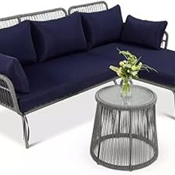 DEVOKO 3 Piece Outdoor Comfortable L-Shaped Sectional Rope Conversation Lounge Sofa Set with Glass Top Table for Balcony, Patio, Garden, Pool (Grey & Navy-Blue)-20