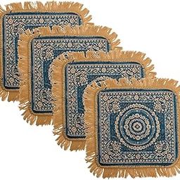 Homestic Pack of 4 Velvet Finish Pooja mat for Sitting on Floor | Traditional Rangoli Print Aasan Puja Cloth for Home Mandir | Suitable for Prayer & Meditation | Golden Firozi-image-74