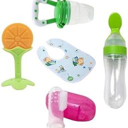 Smiley mia Infant Spoon Bottle With Silicone Teether, Pacifier, Finger Brush & Baby Bib/Appron For Baby (Pack Of 5 Combo) (Green)-22
