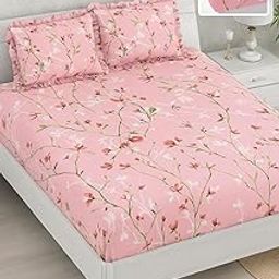 ULOM 350 TC Premium Heavy Cotton Feel Elastic Fitted Bedsheets Double Bed with 2 Frill Pillow Covers || Double Bed with All Around Elastic (Pink Frill, Fitted -Double)-image-12