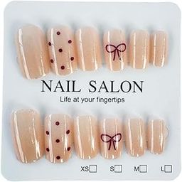 Press-On Nails Set, Nude Beige with Burgundy Bow Design, 12 Pieces with Glue Stickers-image-46