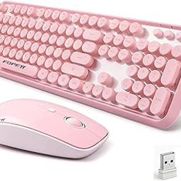 Wireless Keyboard and Mouse Combo - Cute Round Keycaps Full-Size Retro Typewriter Keyboard with 2.4GHz, Plug & Play for Windows/Laptop/PC/Notebook/Smart TV and More (Pink)-image-36
