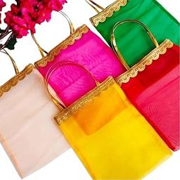 Brown Leaf Fancy Tissue Fabric Bag With Golden Leather Strip Potli Bag For Wedding Anniversary Haldi Mehndi Party Favours Return Gifting Bags (Pack Of 20)-0