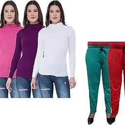 indiweaves Women Winter Wear Combo Pack- Full Sleeves High Neck/Skivvy and Fleece Warm Lower/Track Pants (Pink, Purple, White, Sea Green, Red,40) Pack of 5-picture-28