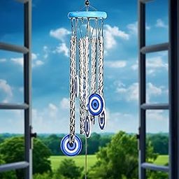 Hindcraft Balcony Decoration Items, Wind Chimes for Home | Turkish Evil Eye Wind Chime, 27-Inch with 5 Silver Pipes for Positive Energy | Ideal for Indoor & Outdoor Use, Housewarming Gifts-image-50
