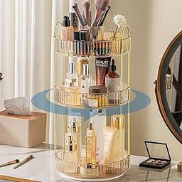 Dravina 360° Rotating Makeup Organizer Rack| 3 Tier Standing Countertop Cosmetic Vanity Tray For Makeup, Skincare|Corner Rack For Bedroom,Bathroom (3 Layer- Amber (Rack) + Gold Rods)-image-13