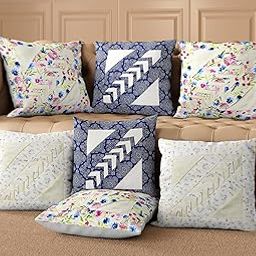 LoomJungle Boho Style Handmade Patchwork Cotton Cushion Covers Set of 7 (16x16 Inch) for L-Shaped Sofa | Lavender-Blue-Purple & Cream with Printed Border | Decorative Pillow Covers for Sofa-image-2