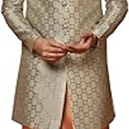 Men's Grey and Orange Indo-Western Kurta Sherwani Churidar Set Cotton Full Sleaves, Knee Length, Straight, Regular Fit, Mandarin Collar Ethnic Wear-image-8