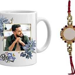 Personalized Photo Mug with Rakhi Gift Set, Blue Floral Design, White Ceramic (Design 1)-image-43