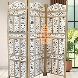 Home & Goods International Wooden Room Divider Partition - Foldable Wood Screen Separator for Living Room, Bedroom, Office, Restaurant || (Kangra Badrun), Natural & White (3 Panel)-image-94
