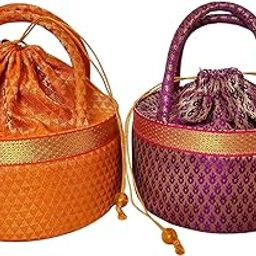 PujaCelebrations Brocade Potli Bag, Return Gift for Ladies, Eco-Friendly Product, Gift Bag, Wedding Bag, Mix Colours, Material : Hard Cardboard Size: 7.25 inches x 4 inches-image-11