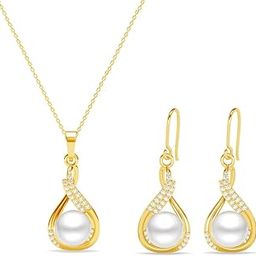925 Sterling Silver Esin Real Pearl Pendant Earrings Chain Necklace Jewellery Set | Gold Plated, Swiss Zirconia |Gift for Women and Girls-12