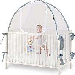 Baby Crib Tent Safety Net, Durable Strong Self-Locking Zippers, Protects from Climbing Out and, Insects, Mosquitoes, Installs with Rods (Crib 52.25" - 28.25")-image-50
