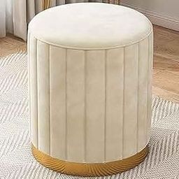 BULKWOOD Round Modern Flannel Material Ottoman Foot Rest Vanity Seat with Gold Metal Legs for Bedroom, Living Room Vanity Stool Padded Seat Rest Stool Side-Cream-image-38