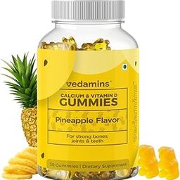 Vedamins Calcium & Vitamin D Gummies for Men, Women & Kids | Bone & Teeth Health | Tasty Chewable Supplement | 100% Vegetarian | Pineapple Flavour | 30 Gummies-image-32