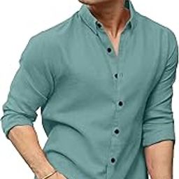 Men's Linen Cotton Blend Shirt with Single Chest Pocket, Breathable Fabric, Curved Hemline, Non-Stretchable-Linen-TORQUISE_Parent$-image-100