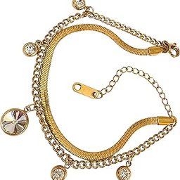 Gold-Plated Crystal Charm Bracelet, Snake Chain with Crystal Pendants, Adjustable Chain,Double Layer Chain Stone Bracelet for Women Waterproof Hypoallergenic-1