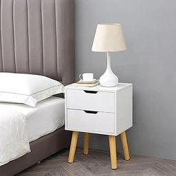 Storage Nightstand Mid-Century Modern Bedside Table with Solid Wood Legs Minimalist and Practical End Side Table- 2 Drawer-White-13