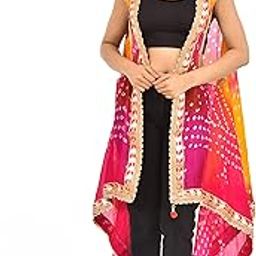 Women's Jaipuri Bandhani Silk Dupatta Shrug – Rajasthani Bandhej Style with Gota Patti Work & Latkan-image-8
