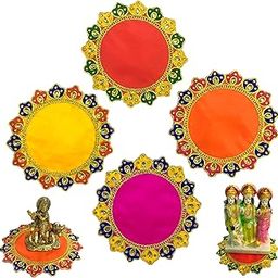 JAYMITA 6 * 6 Inch Decorative Pooja Aasan Chowki, Traditional Round Mandir Pooja Ashan with Kundan Work Border, Multi-Colour, 4 Pieces-image-19