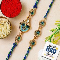 eCraftIndia Set of 2 Beautiful Peacock Feather Designer Rakhis | Best Bro Ever Fridge Magnet | Roli Chawal Pack | Rakhi for Brother Bhaiya Bhai Bhabhi Kids-14