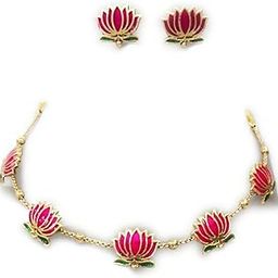 Pink Lotus Flower Necklace and Earrings Set, Gold-Plated Jewellery with Enamel Work-image-40
