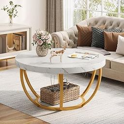 PREDELLA Round Coffee Table, Modern Coffee Table for Living Room, Tea, Coffee Tables Wooden Tabletop,Center Table,Durable Wood Faux Marble Top, Office Use- Gold-White-18