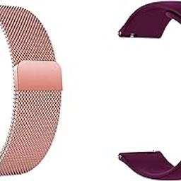 ACM Pack of 2 Watch Strap Magnetic & Silicone Belt 20mm compatible with Garmin Venu Sq Music Smartwatch Metal Chain with Sports Band (Rose Gold Pink/Burgundy Purple)-20