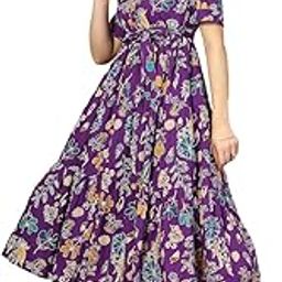 Women's Tropical Printed Rayon Maxi Tiered Dress (Drsvoilsomil_Violet)-image-2