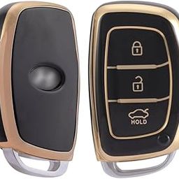 Keycare® TPU Key Cover Compatible for: Creta, Grand i10, Xcent, Tucson, Elantra, Elite i20, Active i20, Aura 3 Button Smart Key (Push Button Start Models only) (Gold Black)-image-38