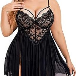 Plus Size Lingerie Lace Babydoll Womens Strap Chemise Nightgown V Neck Nighty Mesh Sleepwear Side Slit Nightdress with G-Sting Panty-11