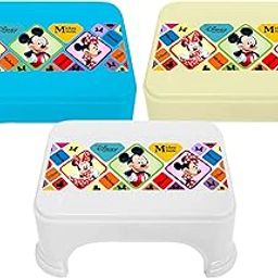 Homestic Disney Mickey Minnie Print Square Plastic Bathroom Stool (Set of 3, Cream & Blue & White) -HS_35_KUBMART17751-15